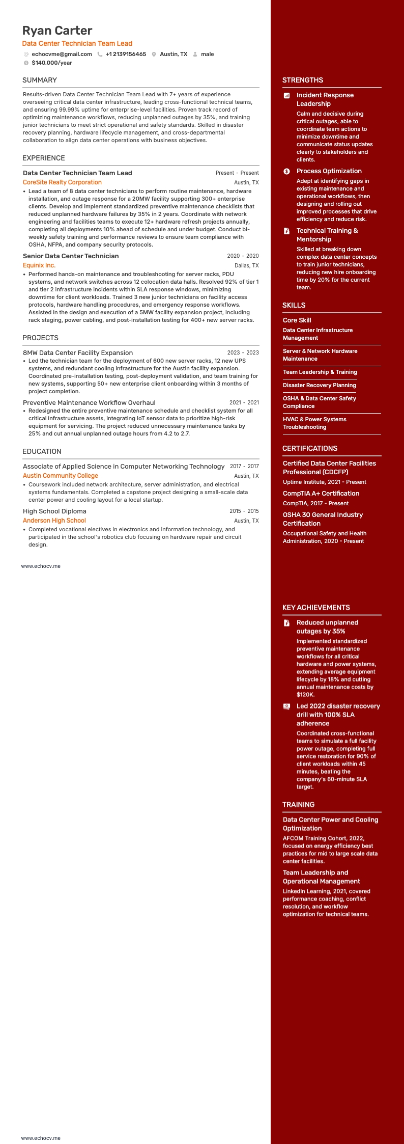 Data Center Technician Team Lead example resume