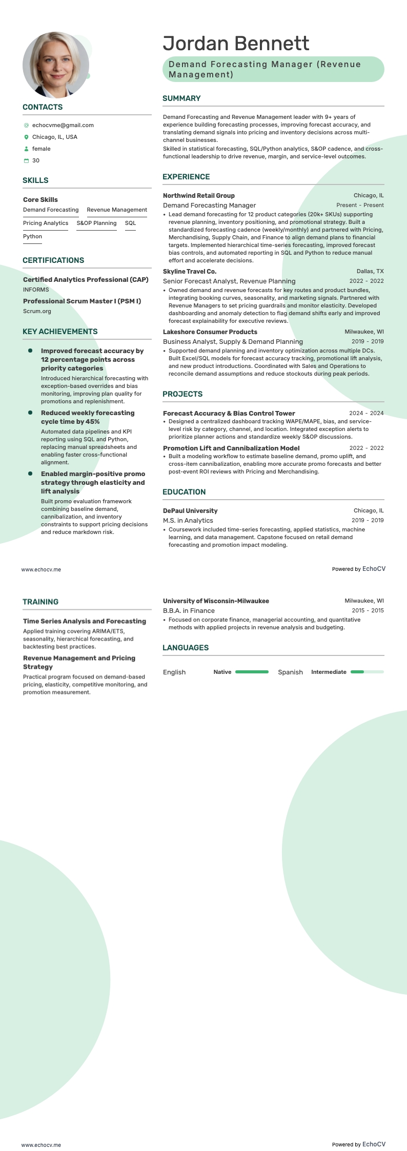 Responsable de la prévision de la demande example resume