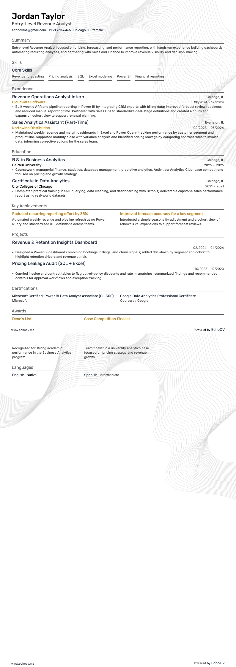 Analyste des revenus débutant example resume