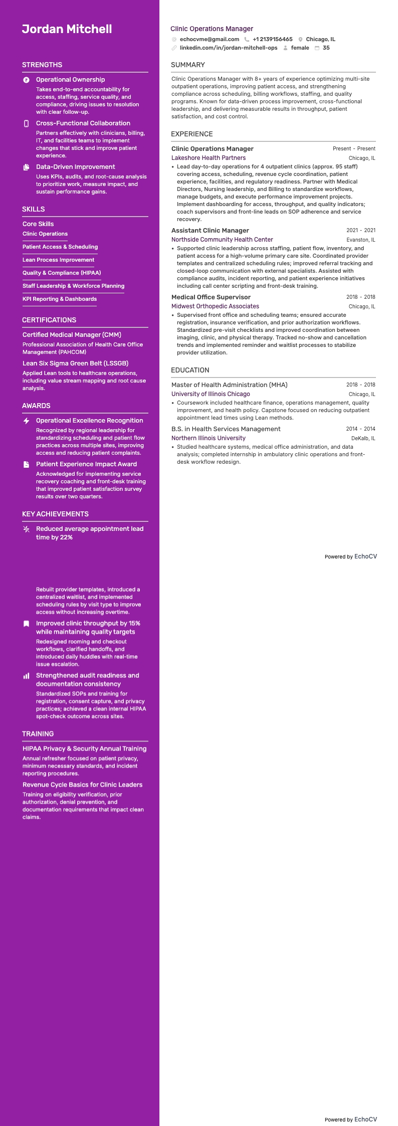Clinic Operations Manager example resume
