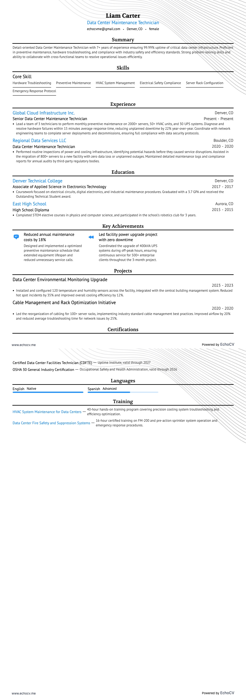 Data Center Maintenance Technician example resume