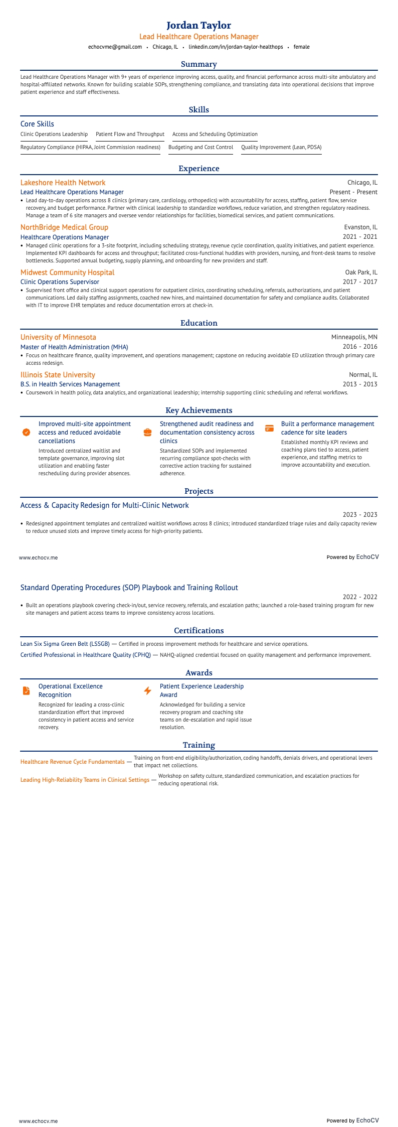 Lead Healthcare Operations Manager full preview