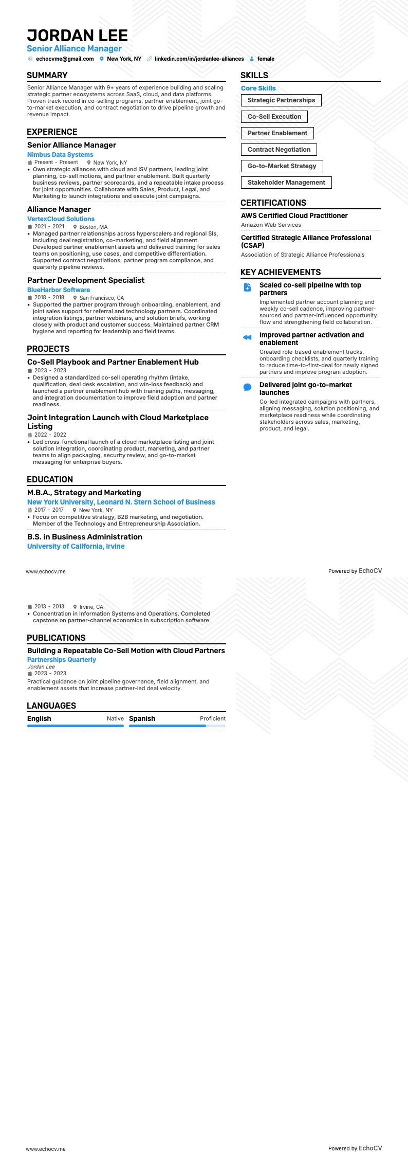 Gerente Sénior de Alianzas example resume