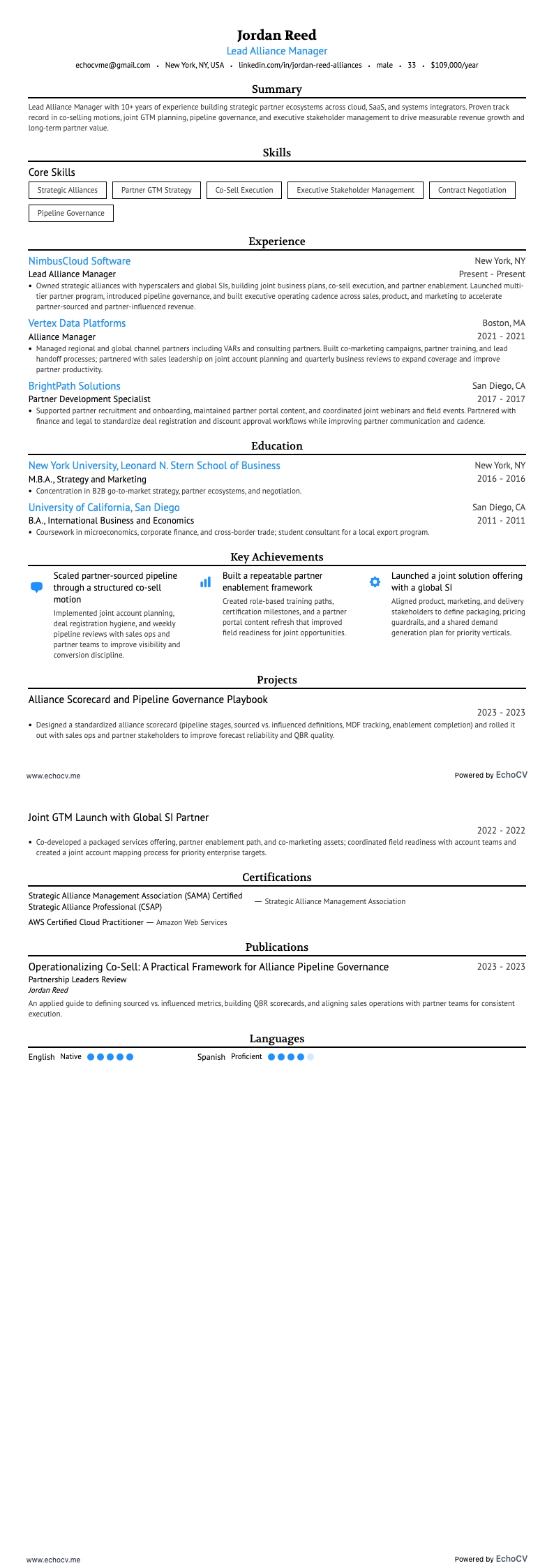 Gerente de Alianzas resume example