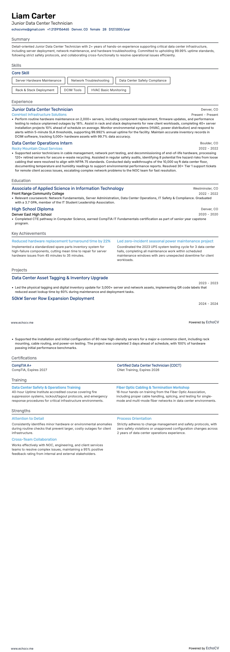 Junior Data Center Technician example resume