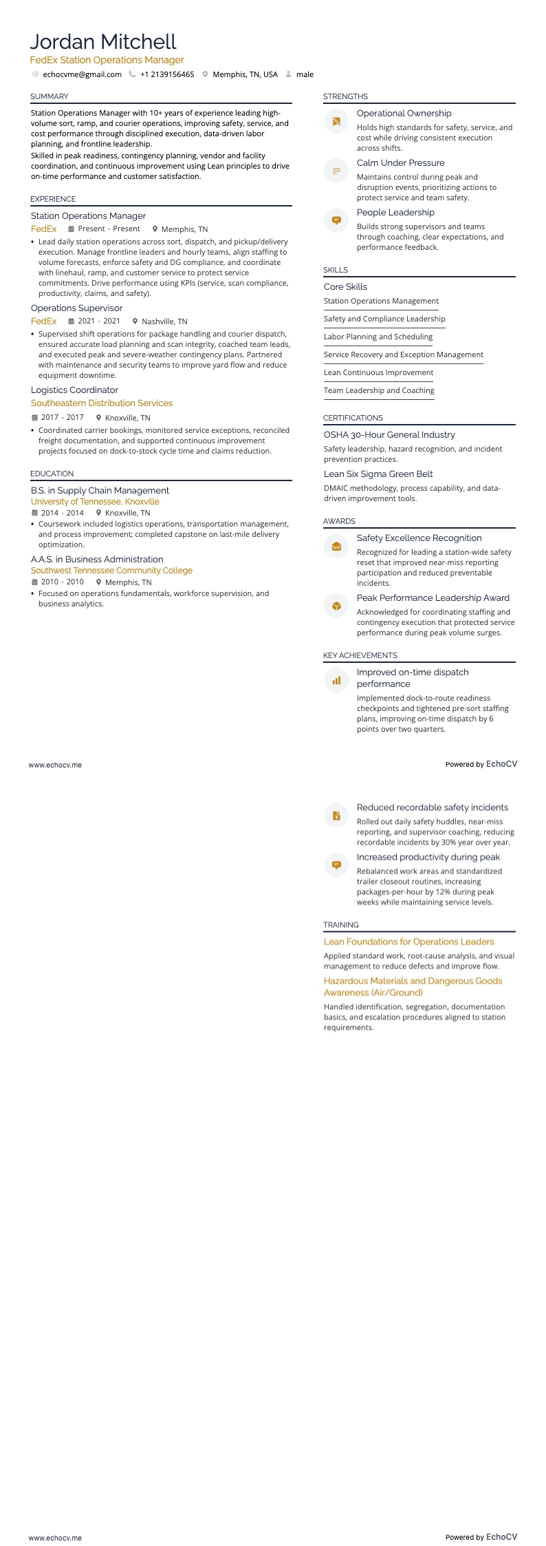 FedEx Operations Manager resume example