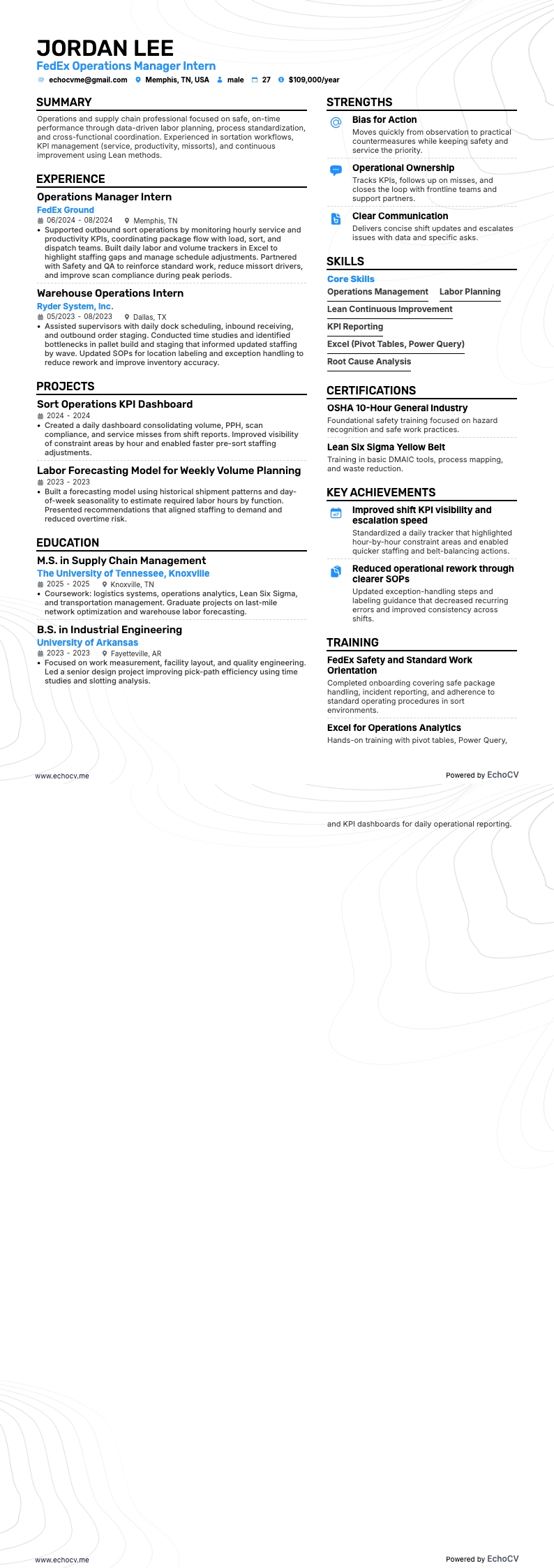 Stagiair operations manager bij FedEx example resume
