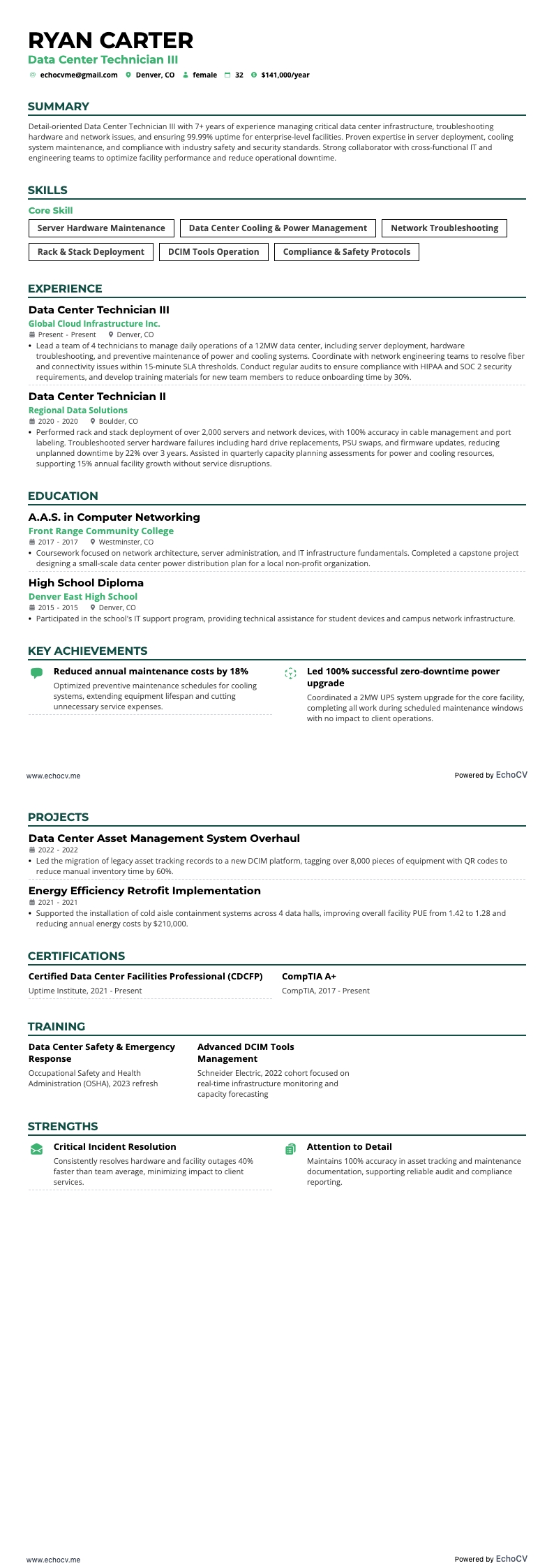 Data Center Technician III example resume