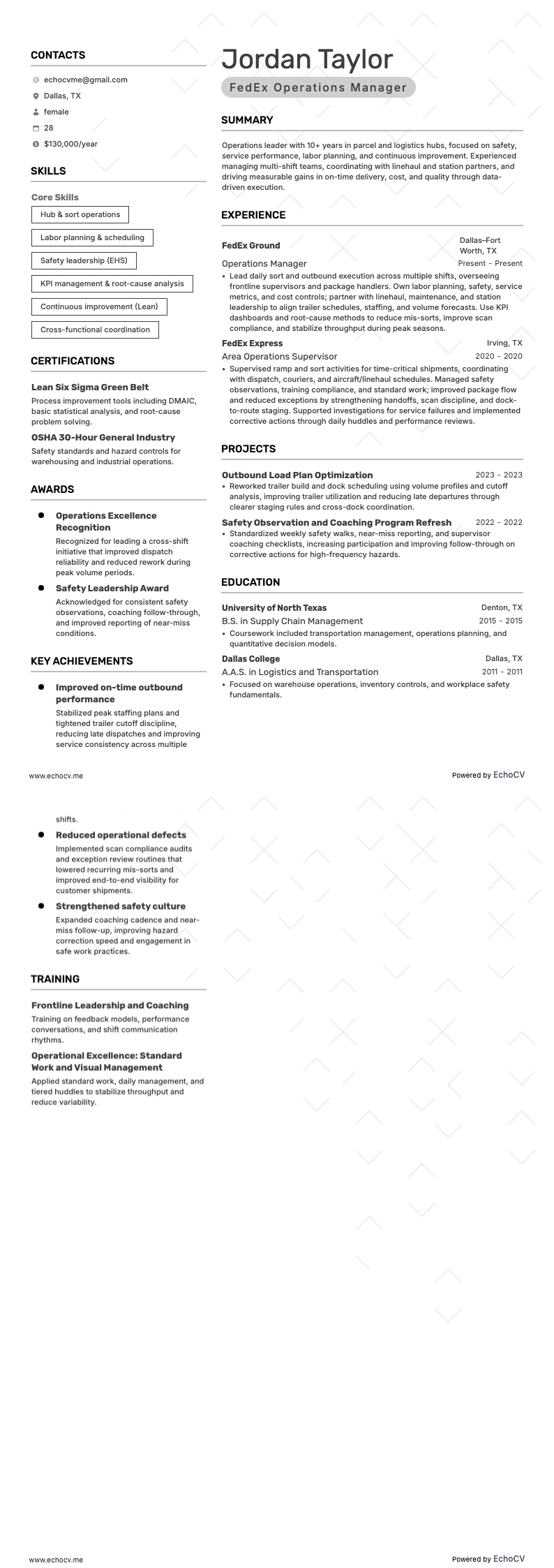 FedEx Operations Manager example resume