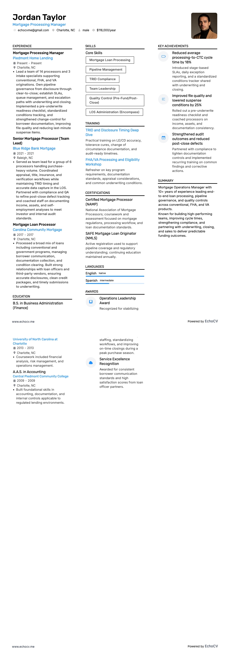 Quản lý xử lý thế chấp resume example