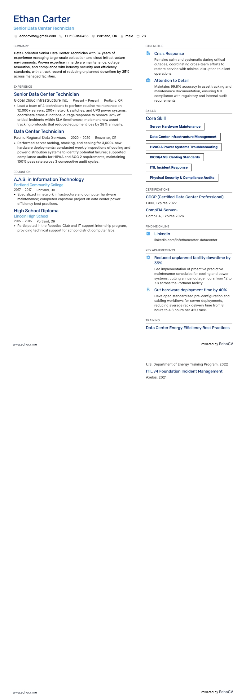 Senior Data Center Technician example resume