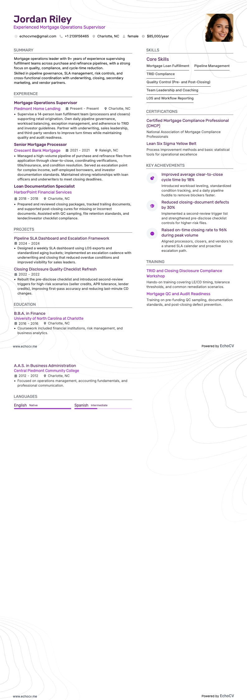 Giám sát vận hành thế chấp giàu kinh nghiệm example resume