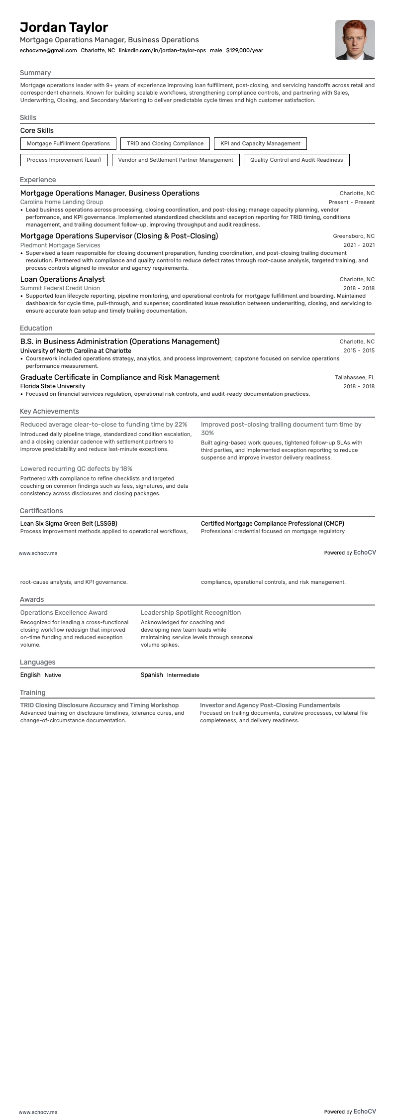 Responsabile delle operazioni sui mutui resume example