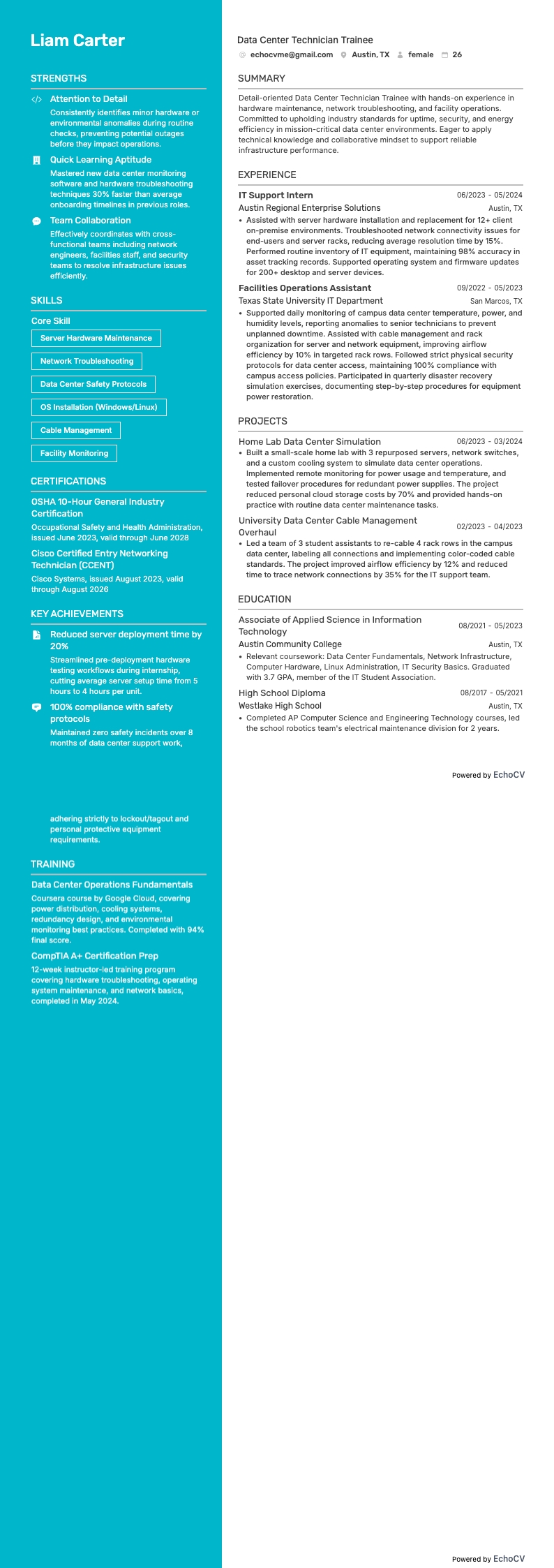 Data Center Technician Trainee example resume