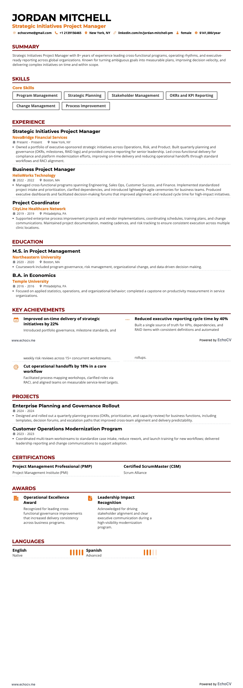 Gerente de Projetos de Iniciativas Estratégicas example resume