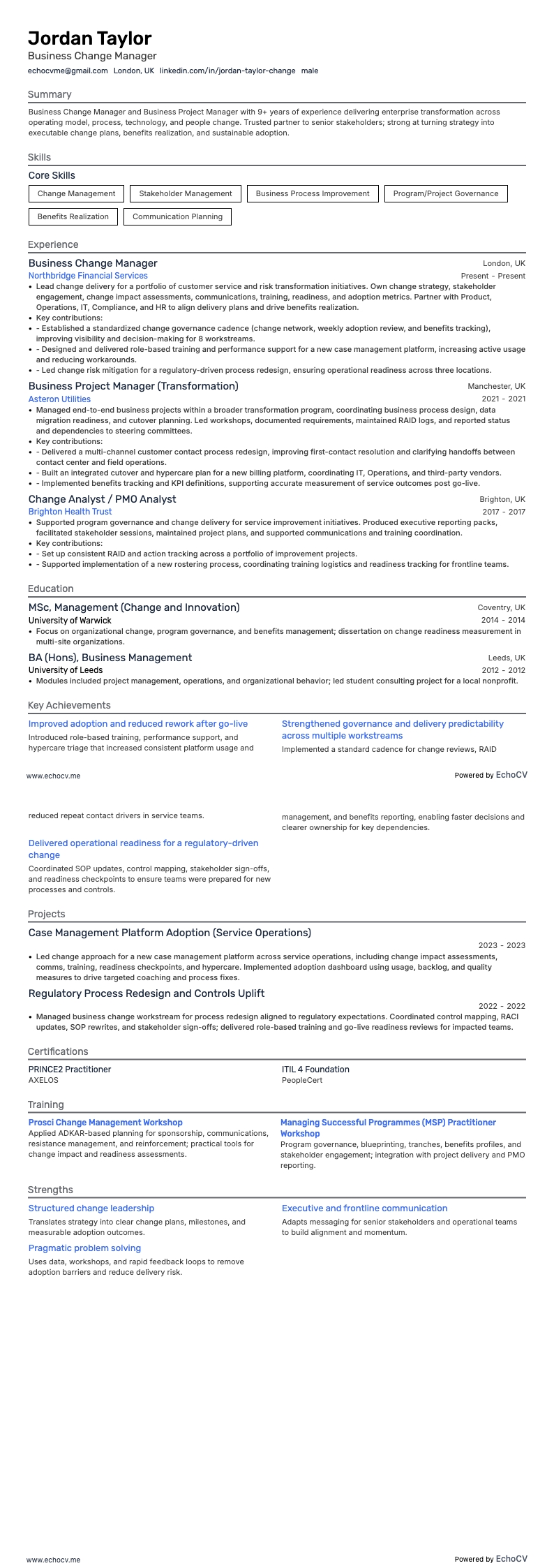 Gerente de projetos empresariais resume example