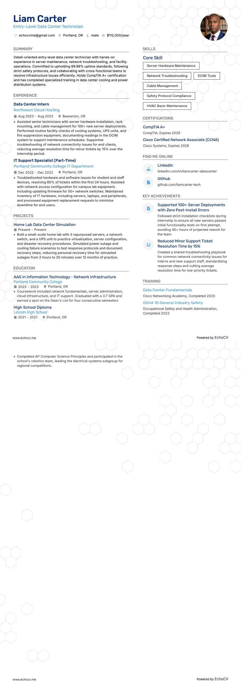 Entry-Level Data Center Technician example resume