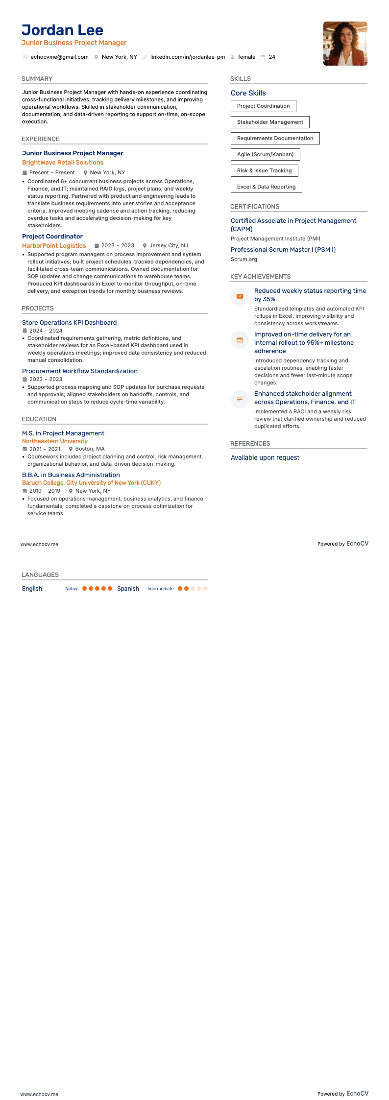 Gerente de Projetos de Negócios Júnior example resume