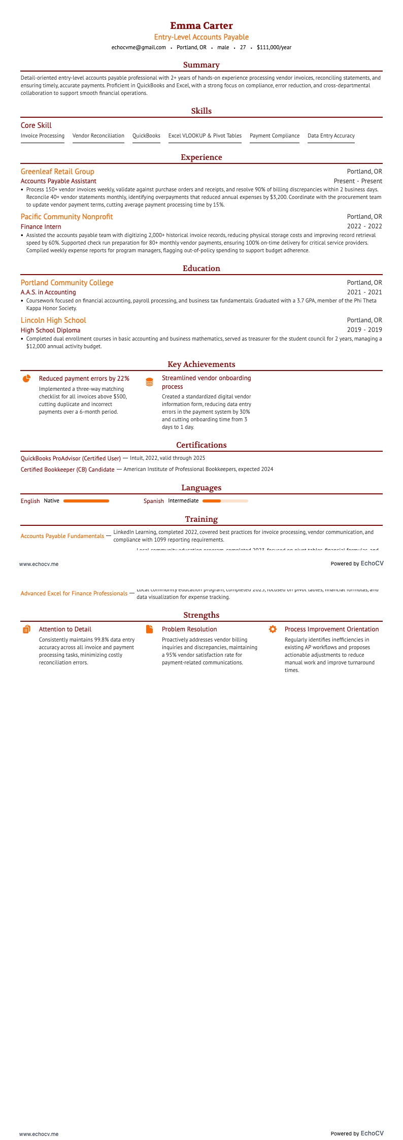 Contas a pagar de nível inicial example resume