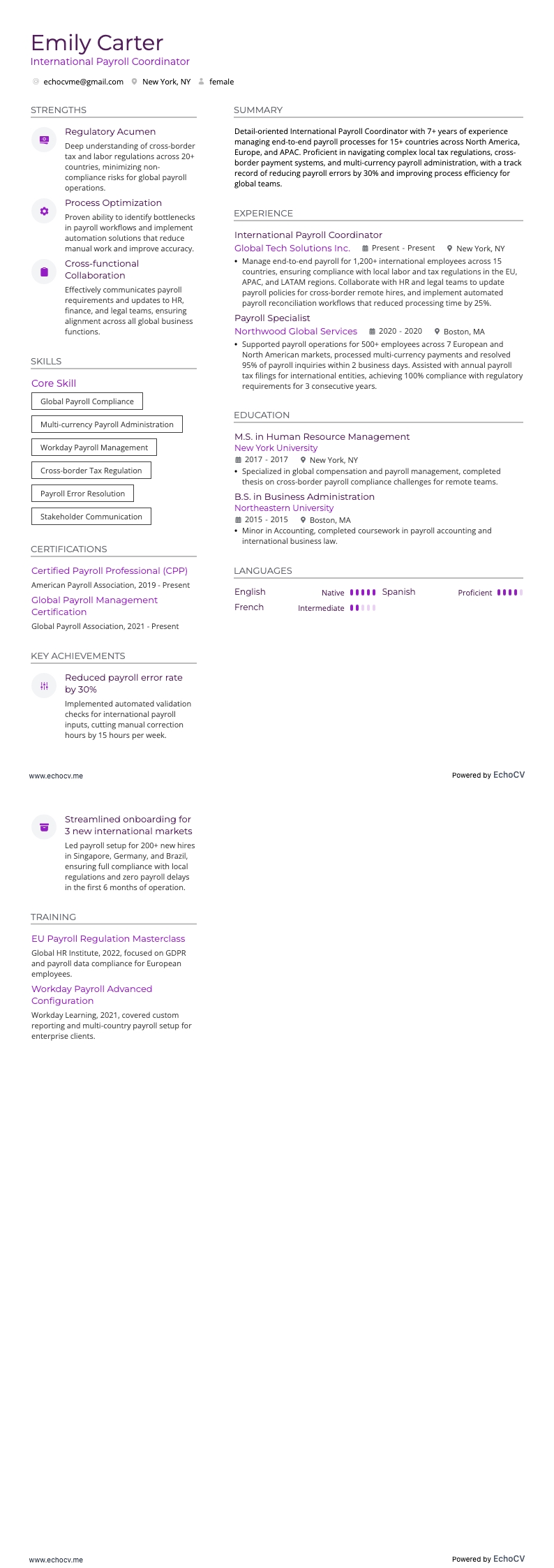 Koordinator för internationell löneadministration example resume