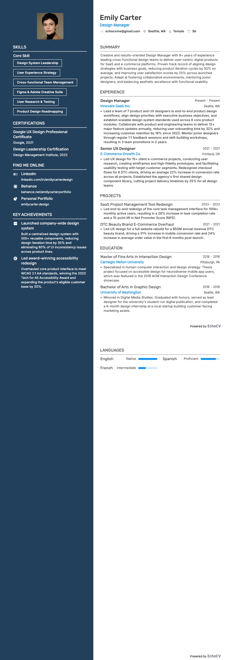 Designer resume example