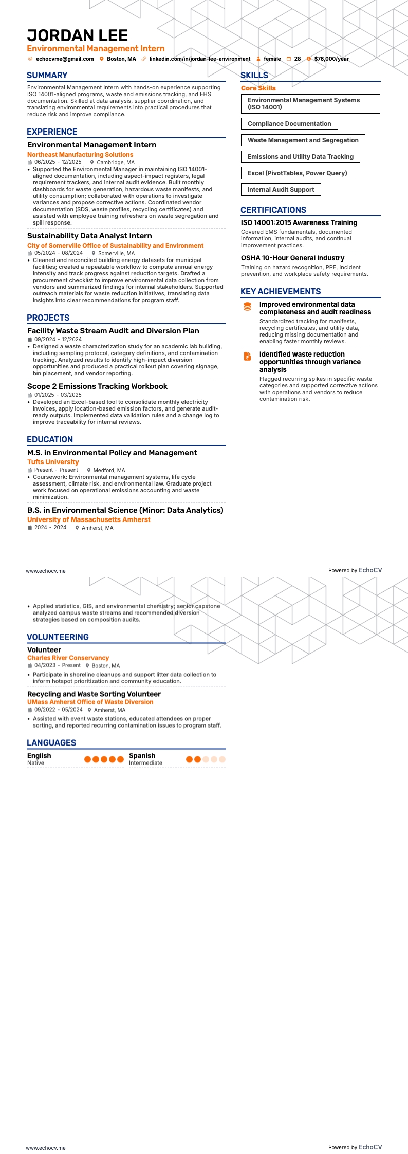 Stagiaire en gestion environnementale example resume