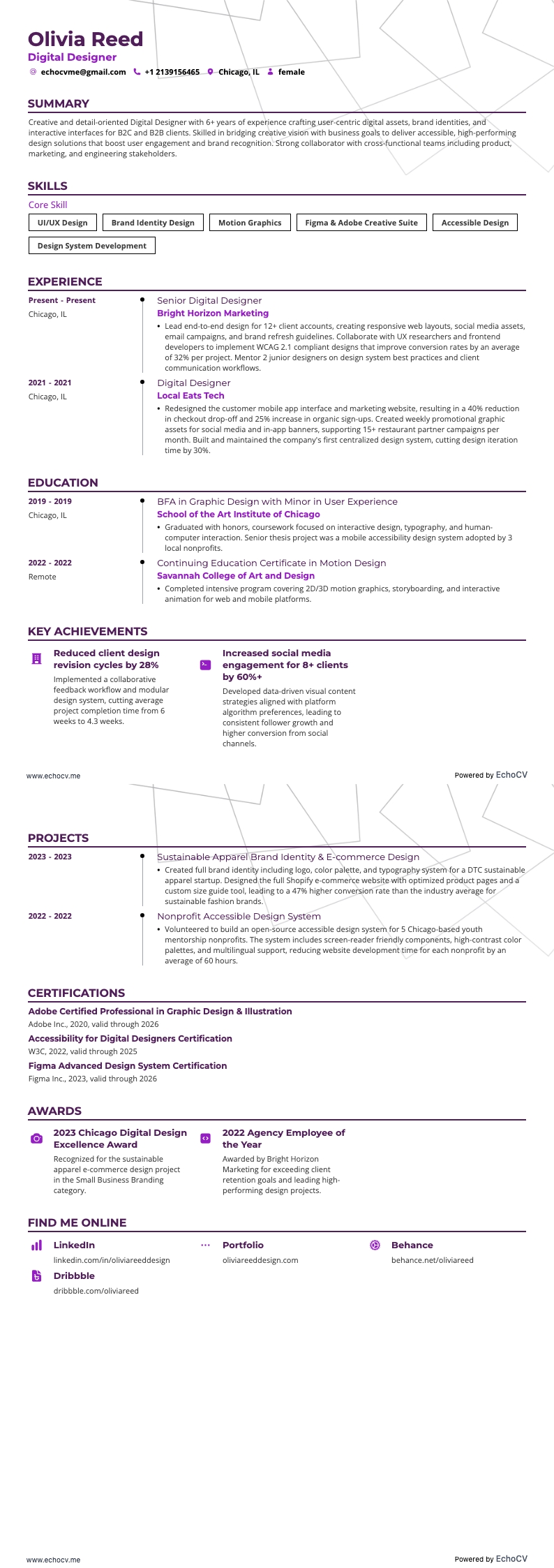 Digital Designer example resume