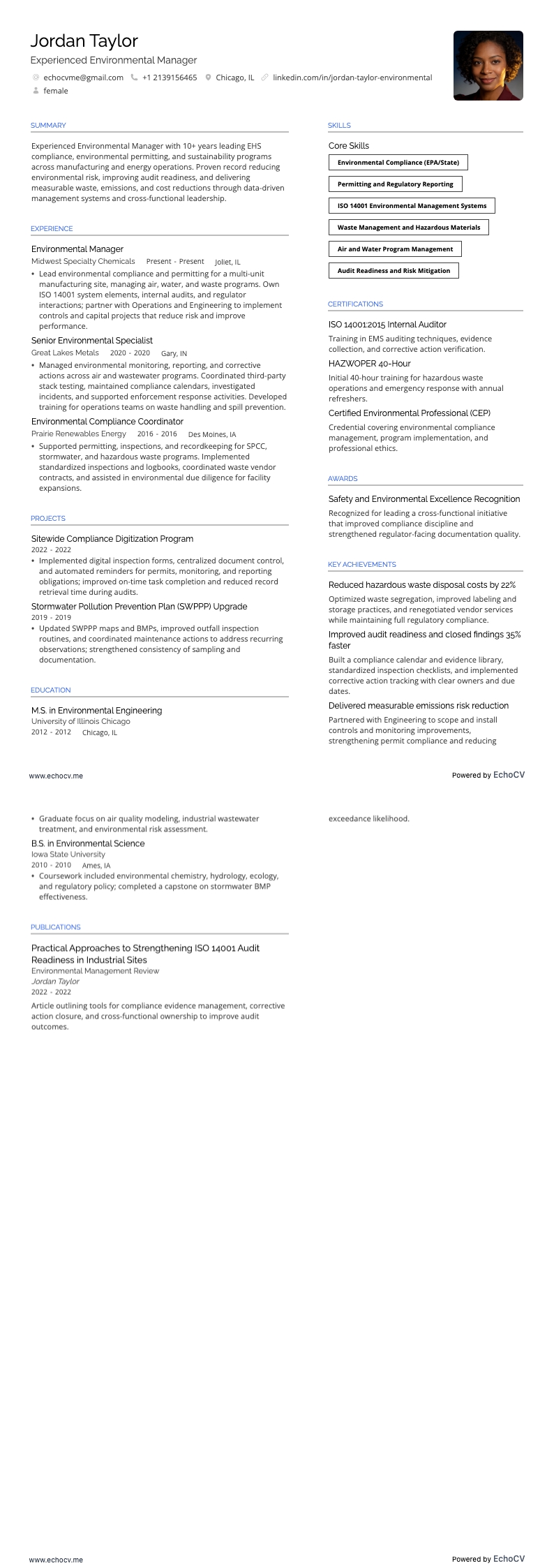 Umweltmanager resume example