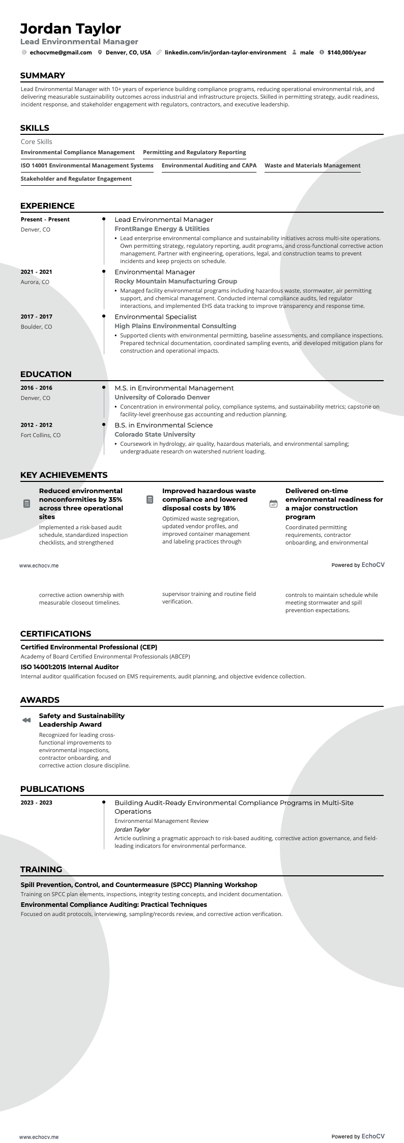 Aperçu complet de Responsable principal environnement