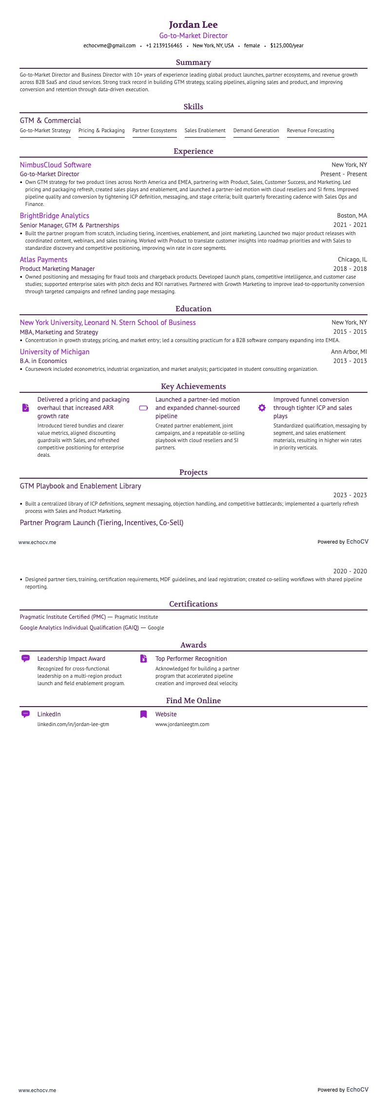 Direttore aziendale resume example