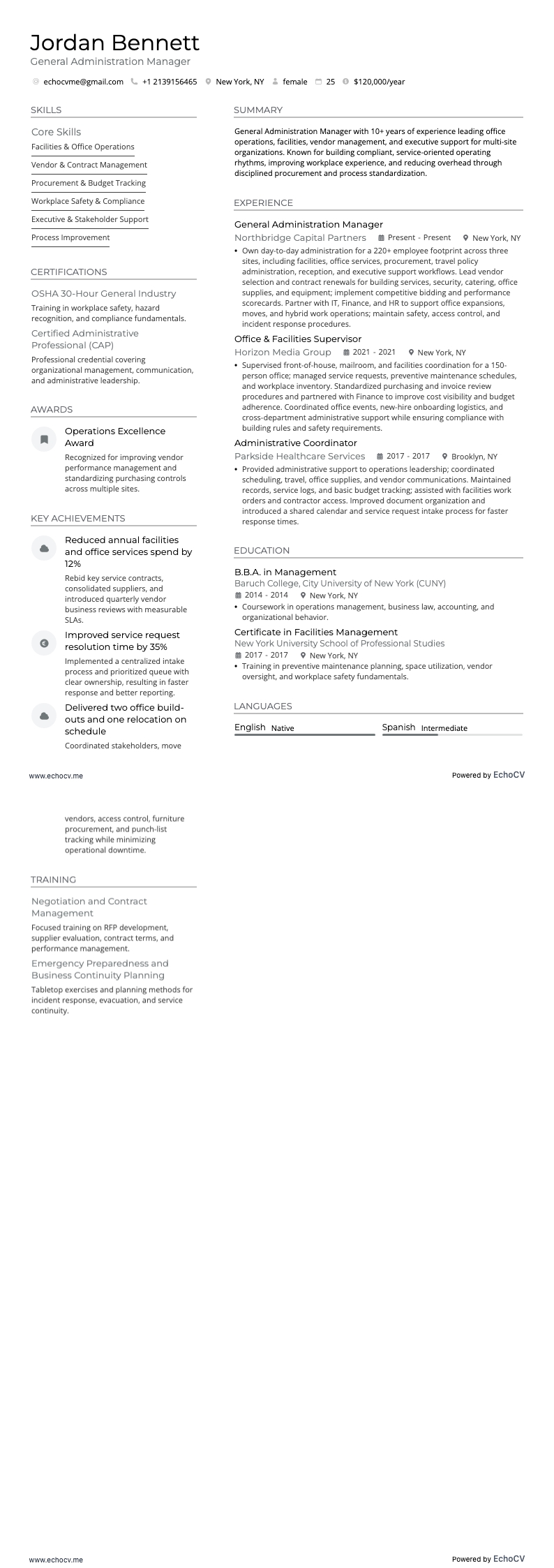 Quản lý hành chính tổng hợp resume example