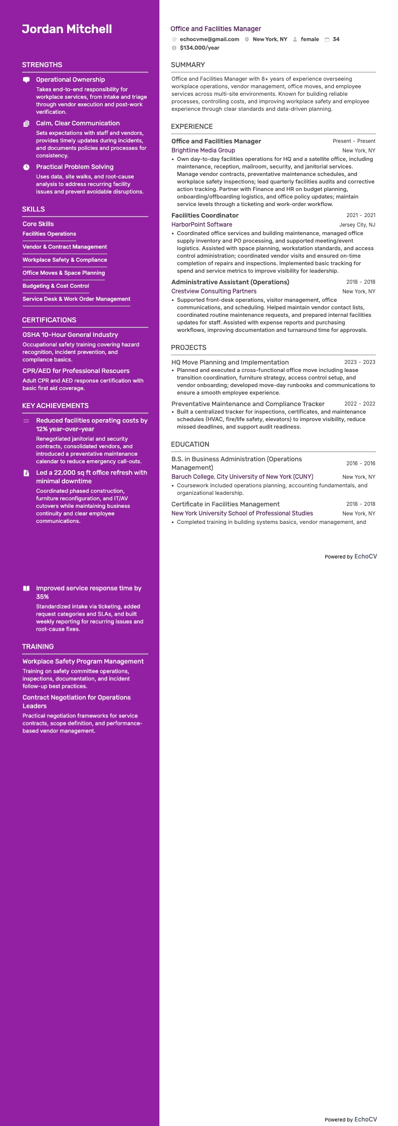 Quản lý văn phòng và cơ sở vật chất example resume