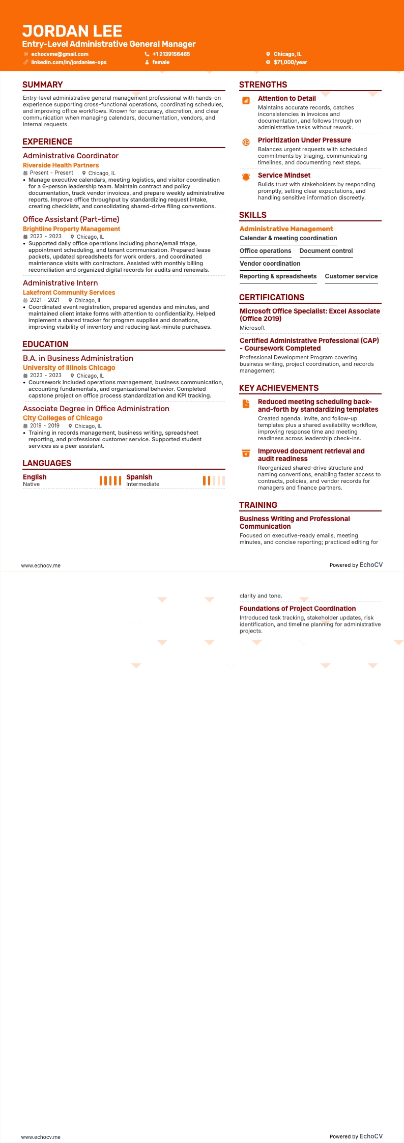 Quản lý hành chính tổng hợp cấp đầu vào example resume