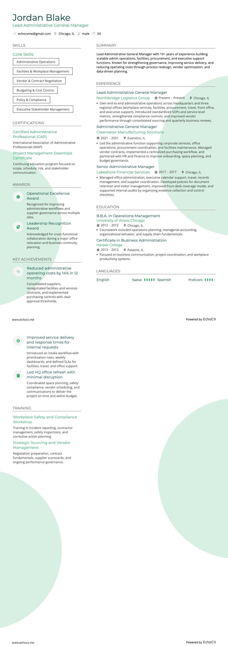 Tổng quản lý hành chính cấp cao example resume