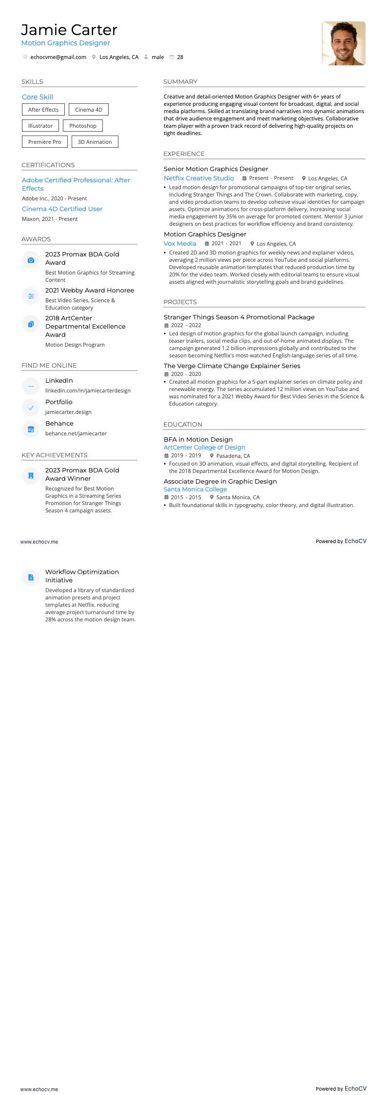 Motion Graphics Designer example resume