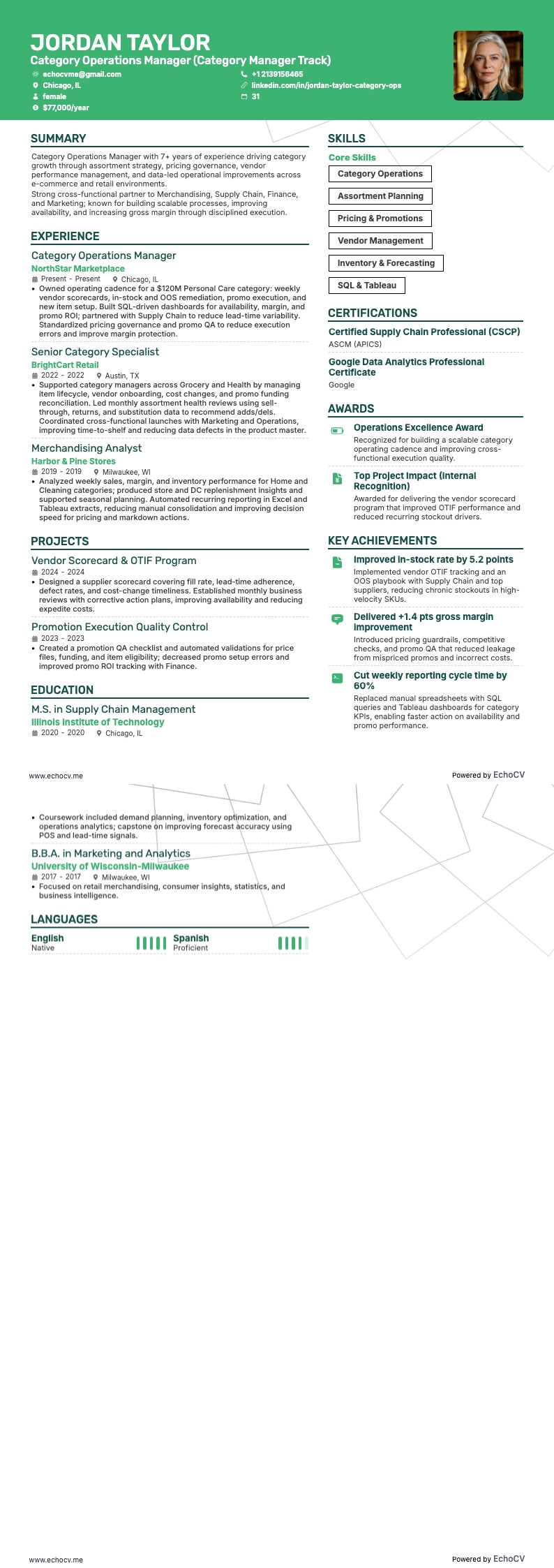 品类运营经理 example resume