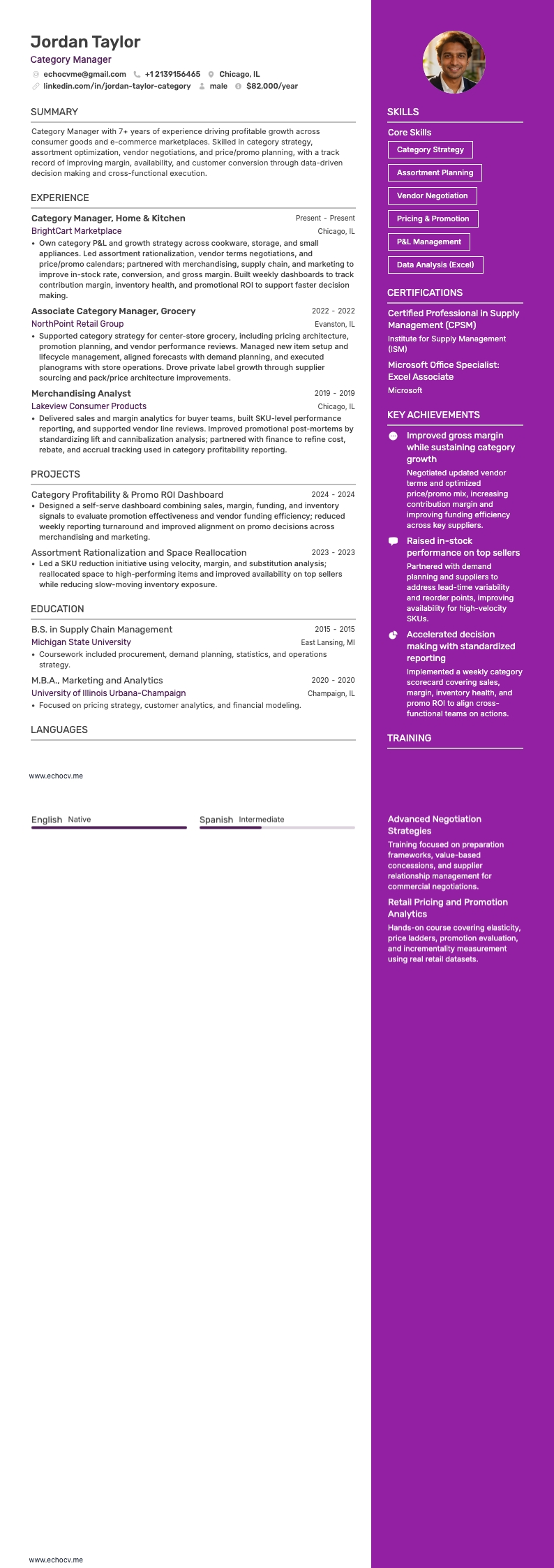 品类经理 example resume