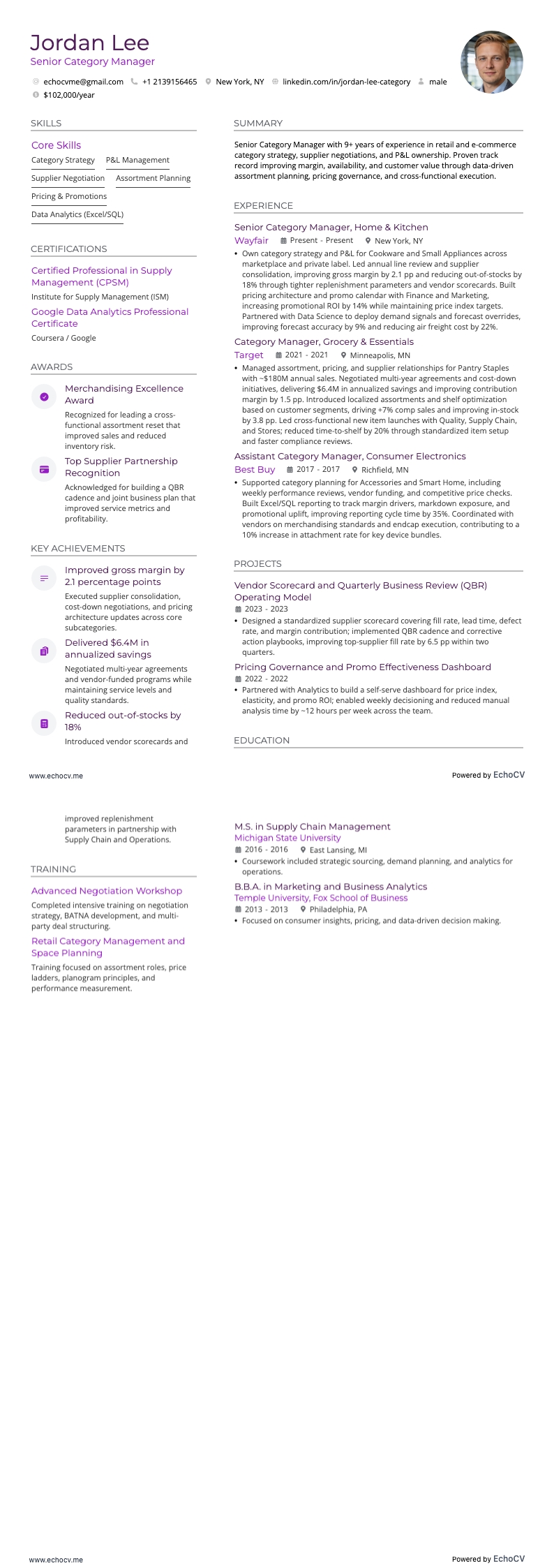 高级品类经理 example resume