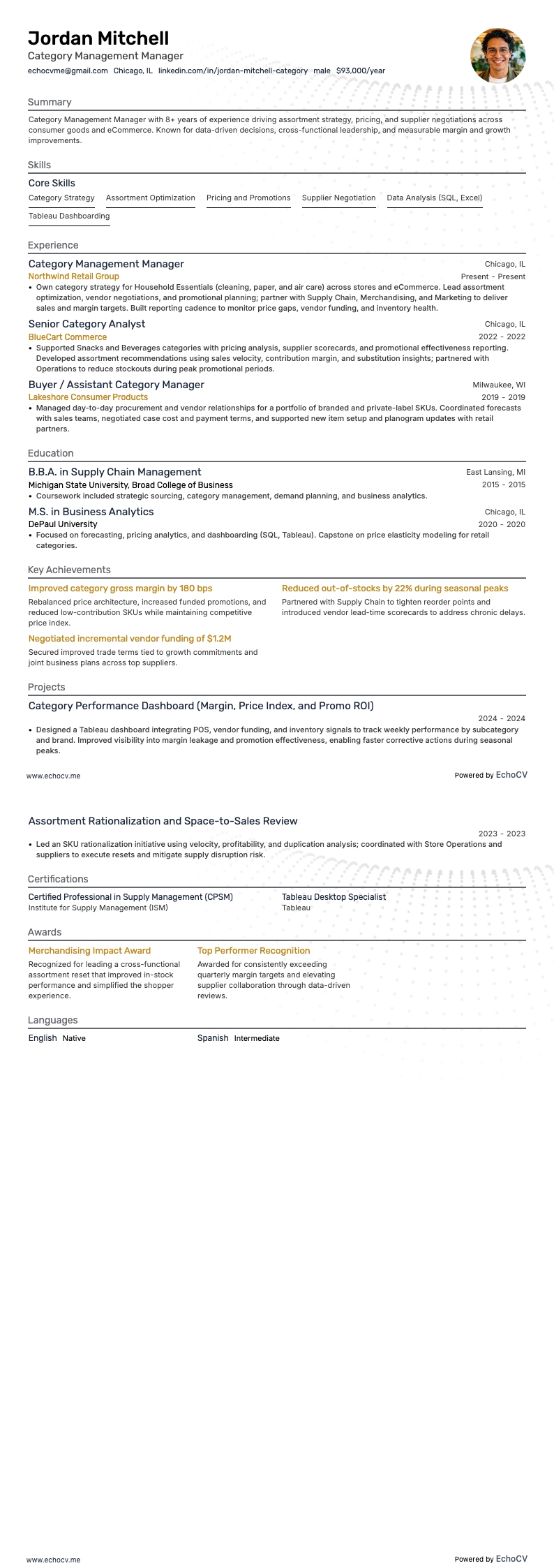 品类管理经理 resume example