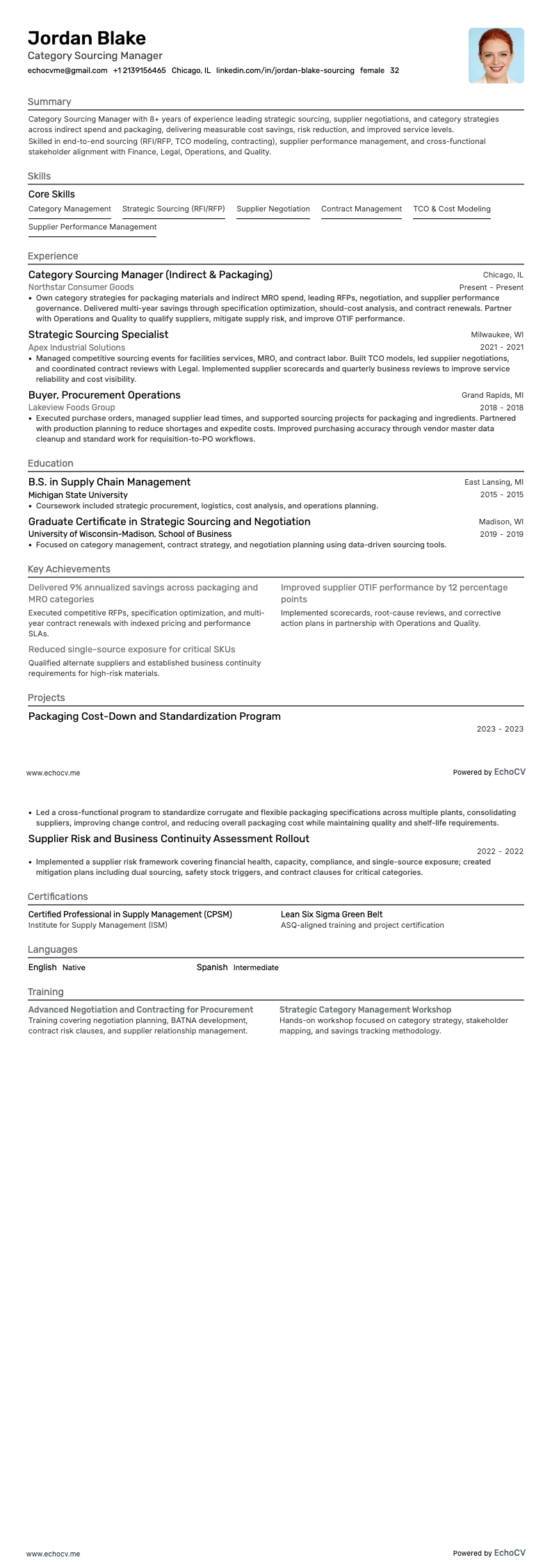 Gerente de abastecimiento por categoría example resume