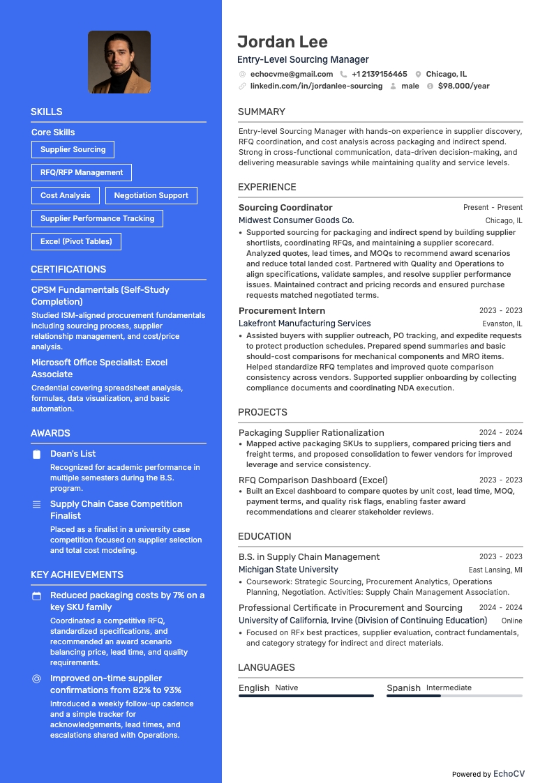 Gerente de abastecimiento junior example resume