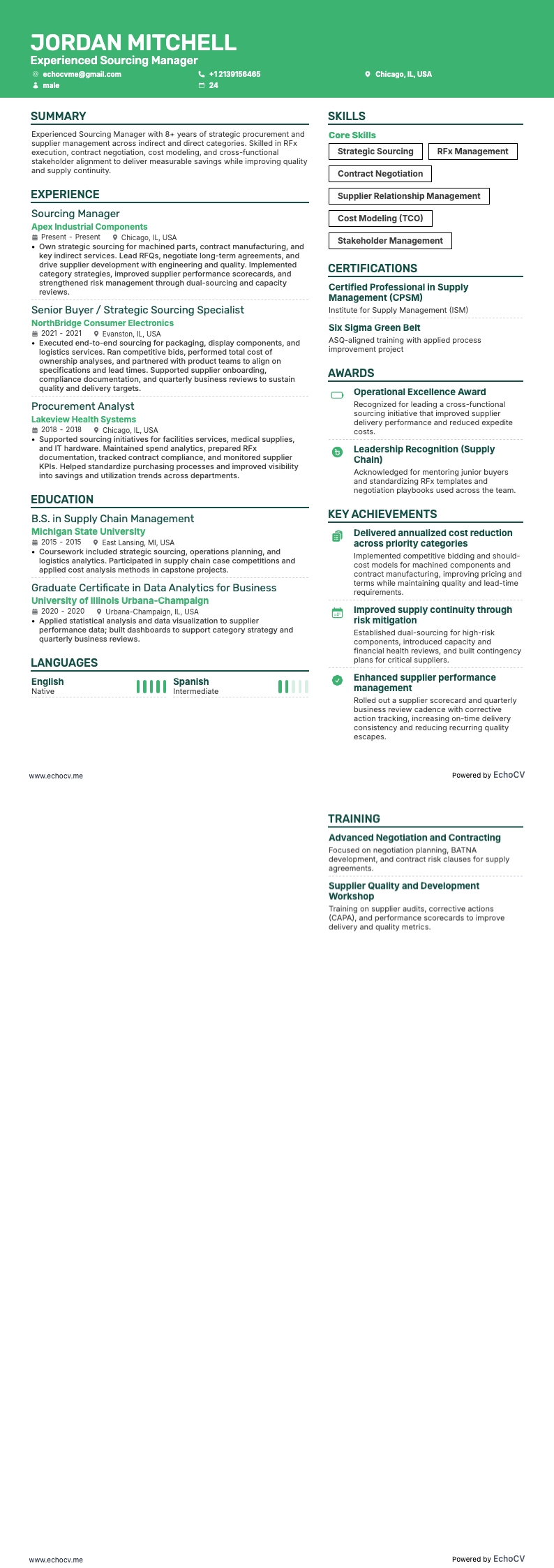 Gerente de Abastecimiento con Experiencia example resume