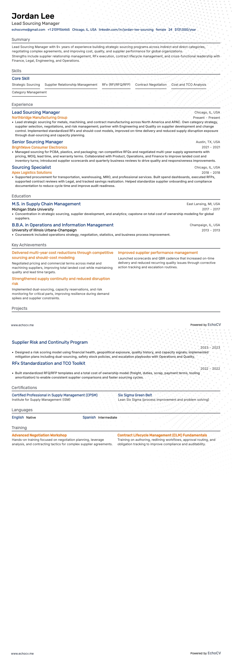 Gerente de abastecimiento resume example