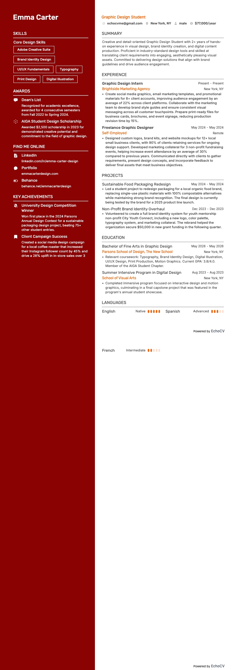 Graphic Design Student example resume