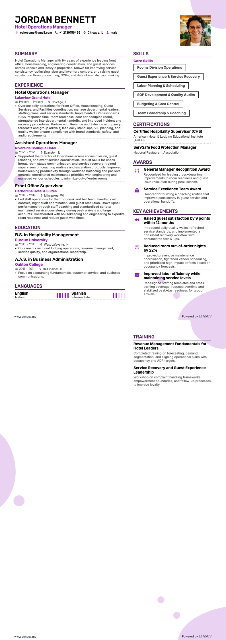 Responsable des opérations hôtelières resume example