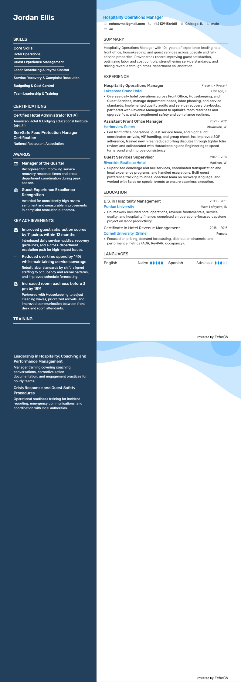 Responsable des opérations hôtelières example resume