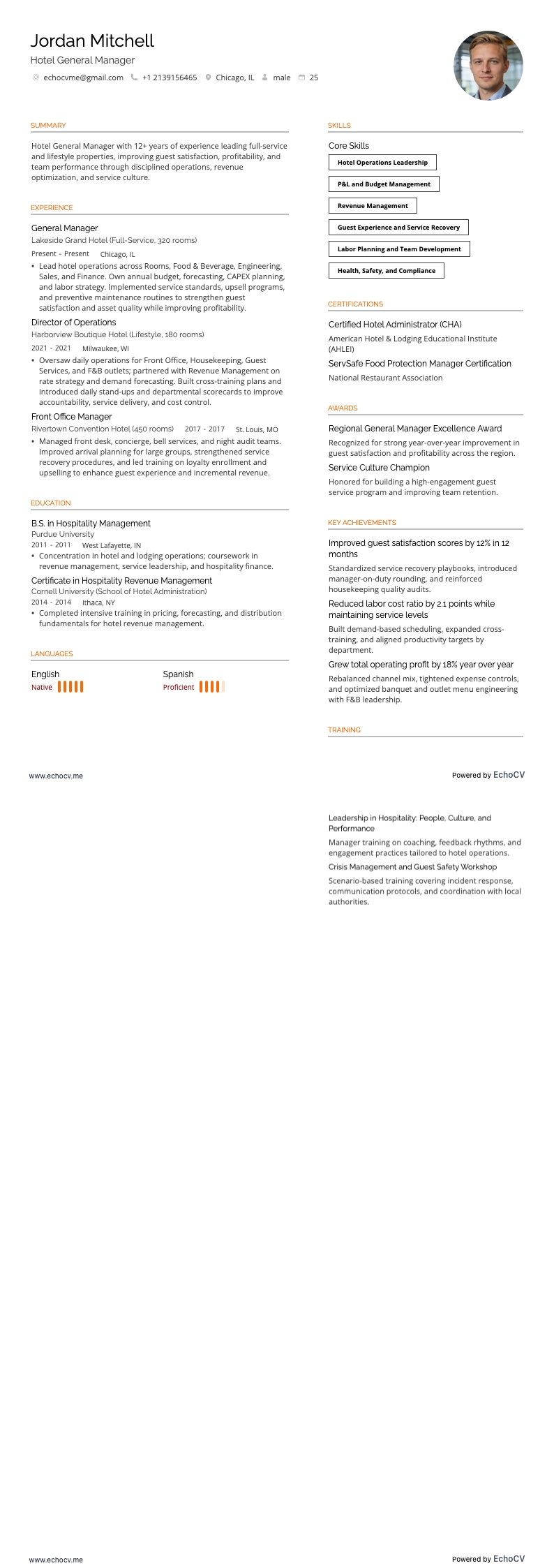 ホテル運営マネージャー resume example