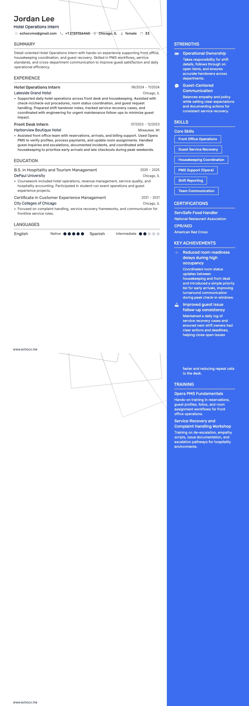 Stagiaire en opérations hôtelières example resume