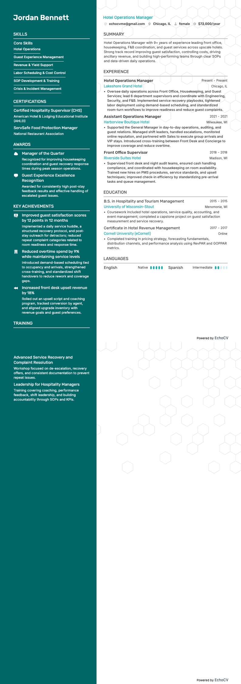 Responsable des opérations hôtelières example resume