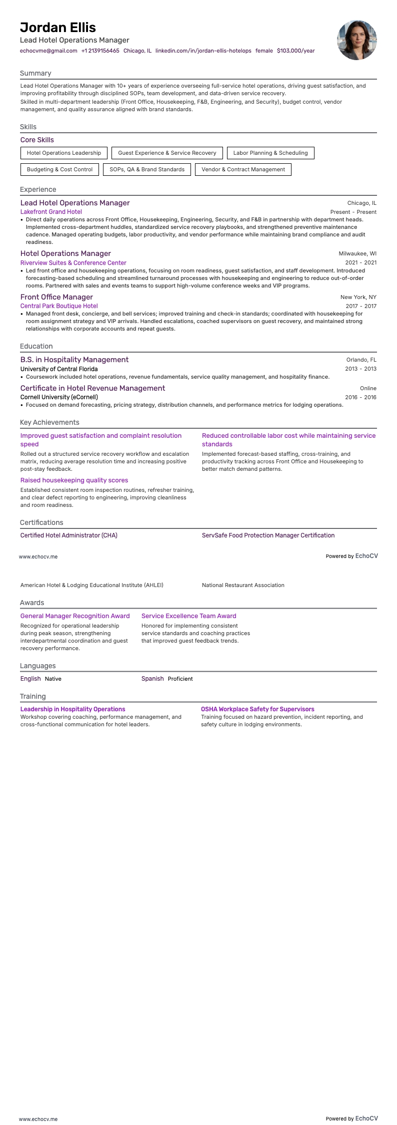 Aperçu complet de Responsable principal des opérations hôtelières